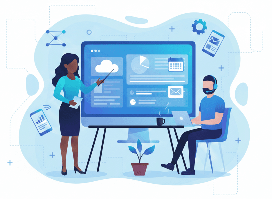 Collaborative tech workspace - team with computer and laptop