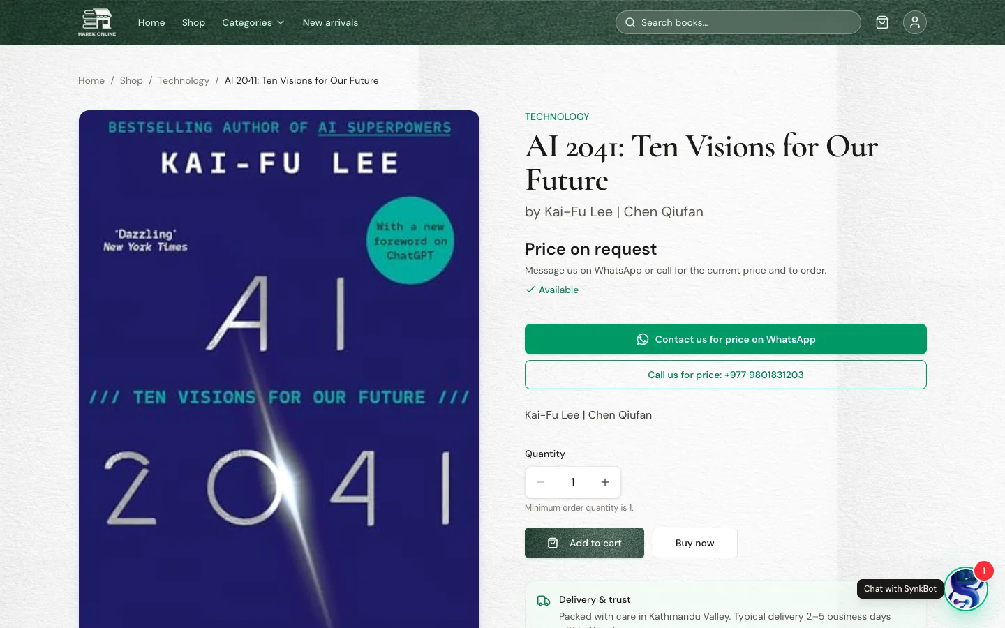 Harek Online book page for AI 2041, with WhatsApp and call buttons to order