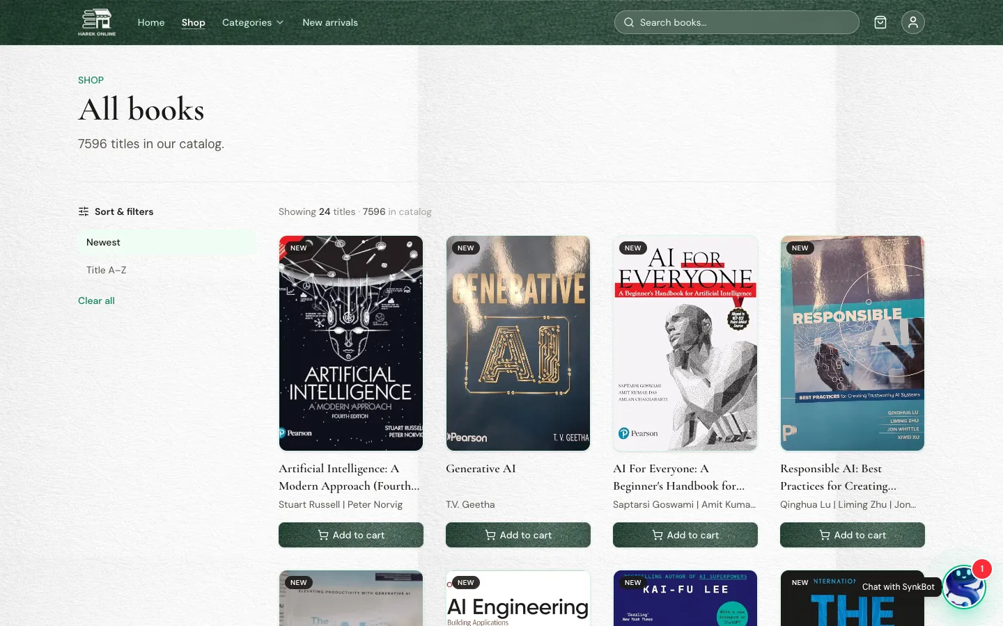 Harek Online catalogue showing 7,596 titles with sorting and add-to-cart buttons