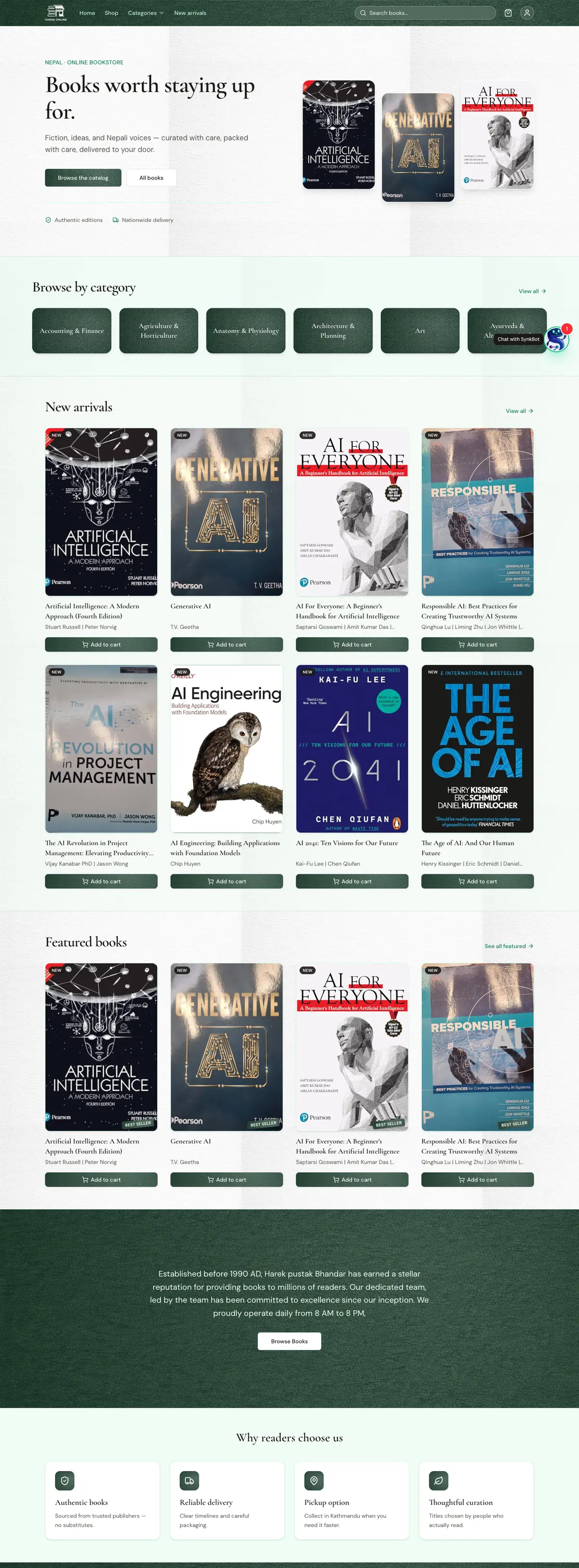 Full Harek Online homepage: categories, new arrivals, featured books and the shop's story
