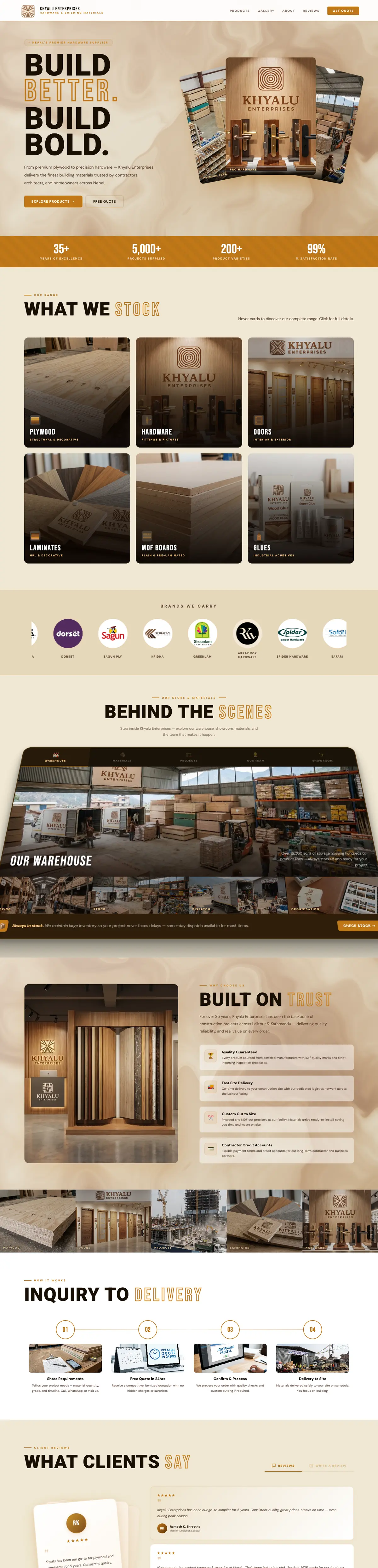 Full Khyalu Enterprises homepage: product categories, warehouse, process and client reviews