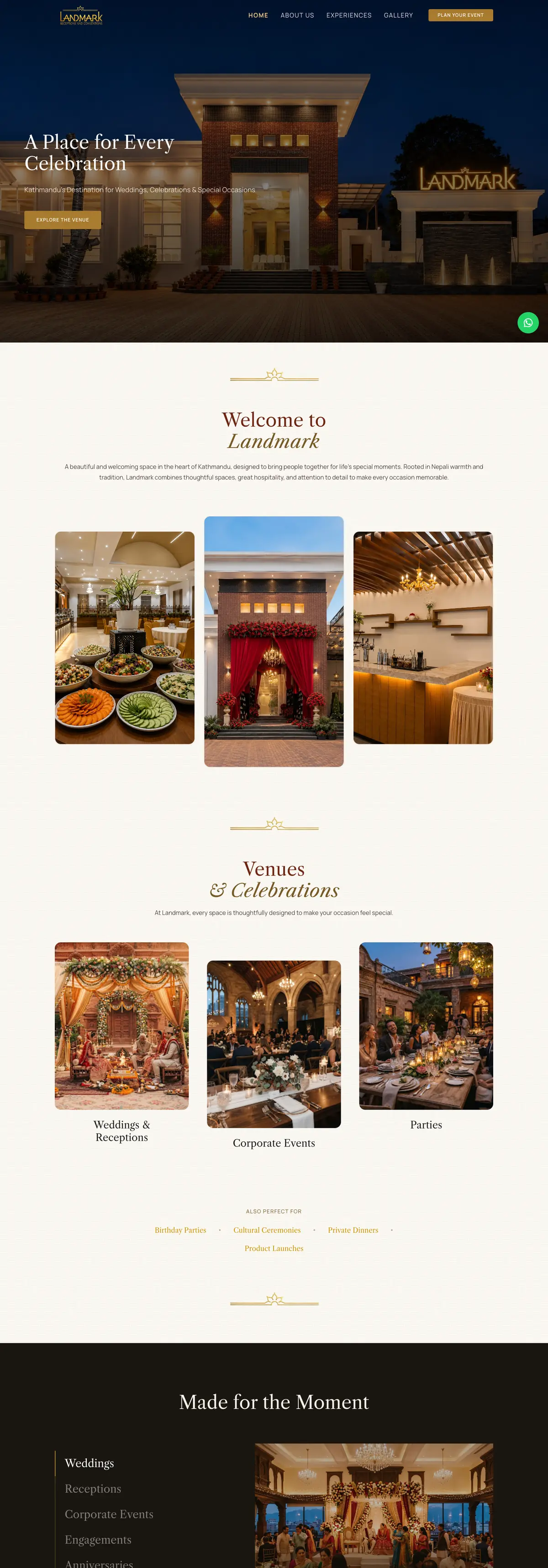 Full Landmark Receptions homepage, from the night-time hero through venues, celebrations and the Made for the Moment section