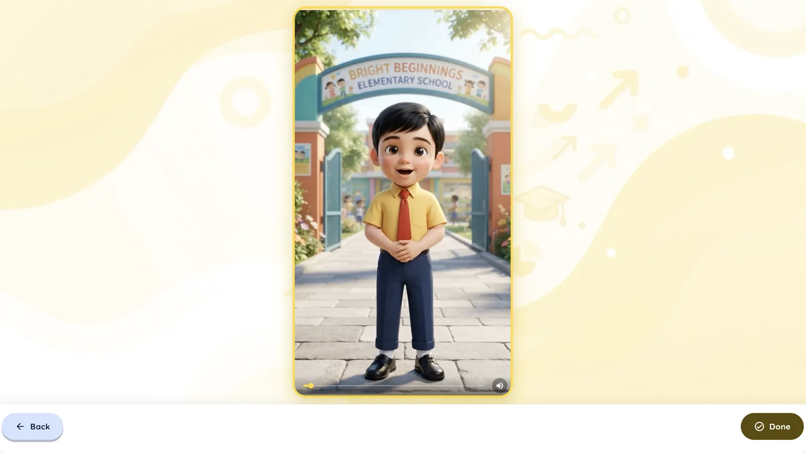Taleju Plus lesson video: an animated schoolboy at the gate of his school